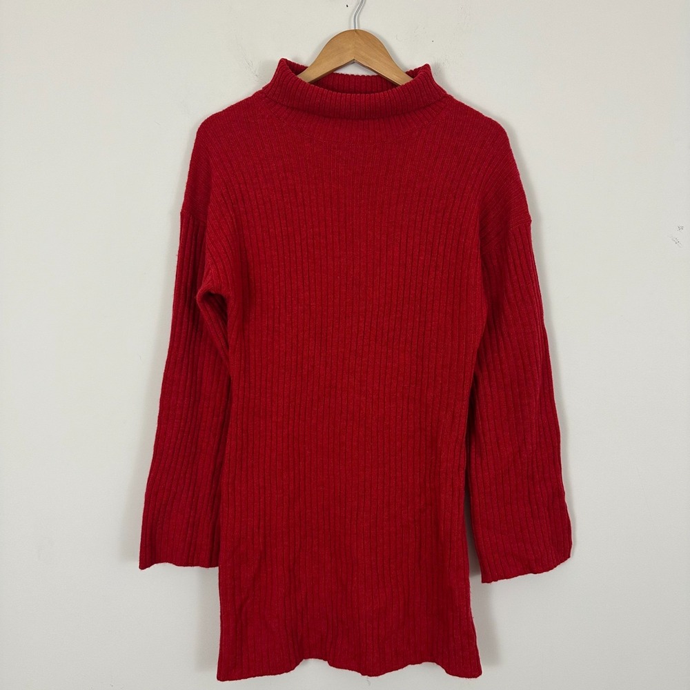 Reformation Nativa Sweater Dress Red Rib Knit Merino Wool Turtleneck Women Small